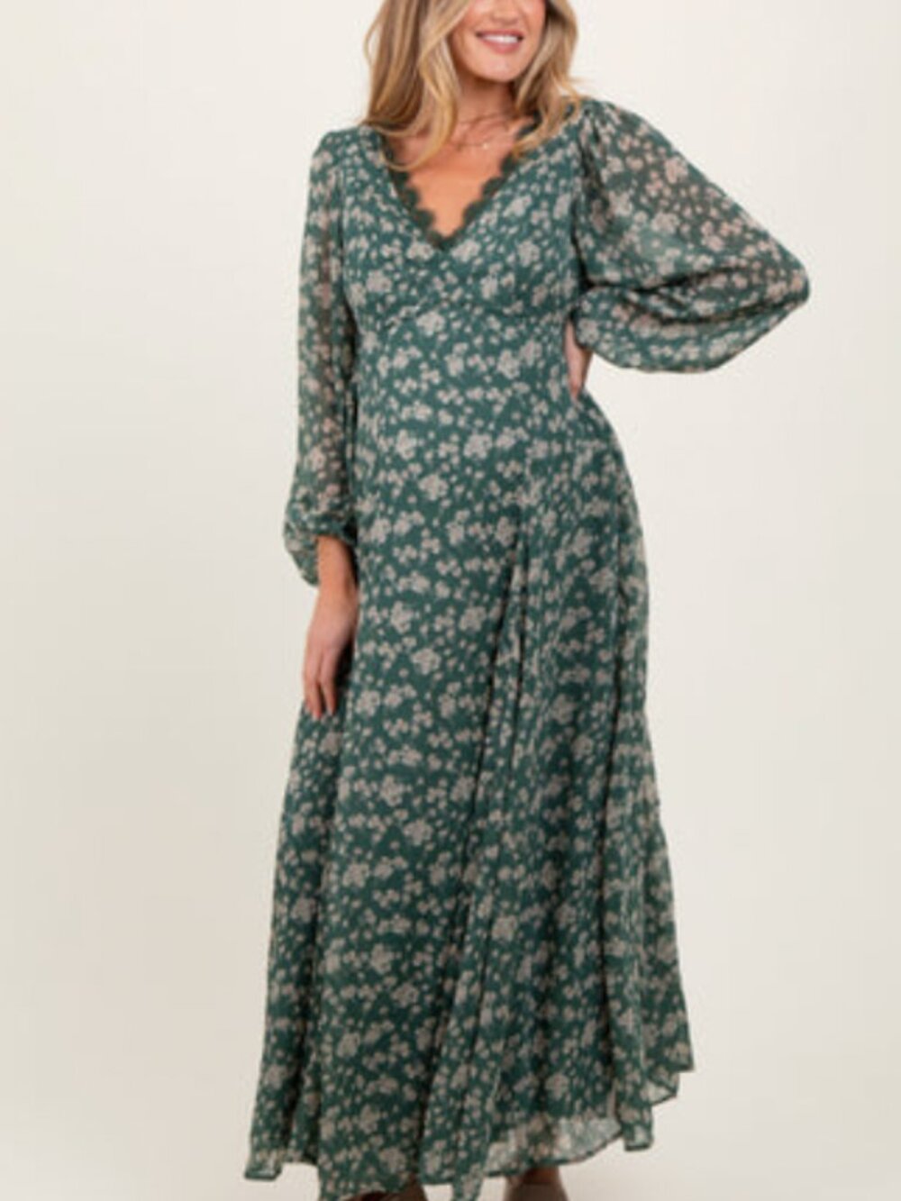 Green Floral Chiffon Lace Trim Maternity Maxi Dress, Size M